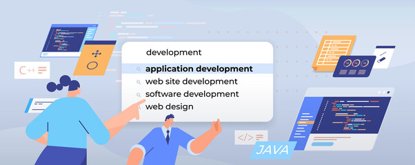 businesspeople choosing application development in search bar on virtual screen web design internet networking