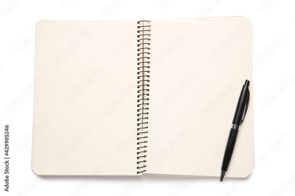 Blank notebook and pen on white background