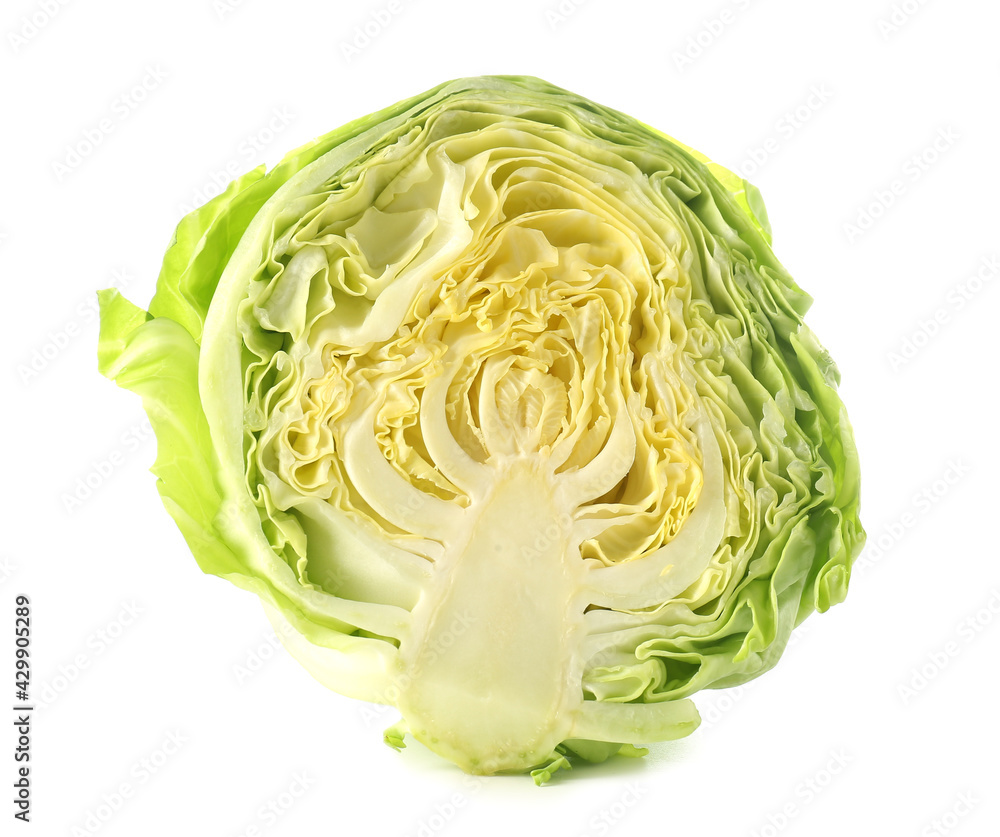 Half of fresh cabbage on white background