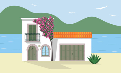 Typical white Mediterranean house with garage and bougainvillea tree in blossom on seashore. Costal house on the sea. Flat vector illustration.