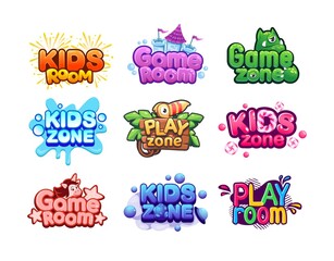 Play room logo. Kids zone banners. Baby entertainment area. Fun activity playground stickers set. Colorful badges with unicorn or monster and bright lettering. Vector playroom signs