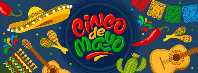 Cinco de Mayo banner template for mexico independence celebration with traditional papercut flags and other symbols of holiday. Lettering calligraphy inscription Cinco de Mayo. Vector illustration. 