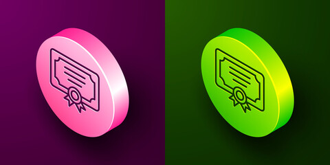 Sticker - Isometric line Certificate template icon isolated on purple and green background. Achievement, award, degree, grant, diploma concepts. Circle button. Vector