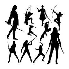 Female Warrior Silhouettes. Good Use For Symbol, Logo, Icon, Mascot, Sign, Or Any Design You Want.