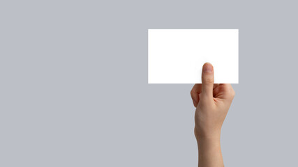 hand holding white card on isolated background