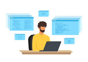 Wall Mural - programming concept, website coding. engineer programmer is working at the desk. vector illustration