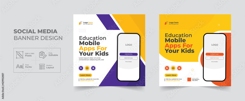 Education Mobile apps promotion social media post and web banner template, Corporate Business kid School advertisement cover banner design layout - obrazy, fototapety, plakaty 