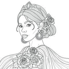 Princess with crown and roses.Coloring book antistress for children and adults. Illustration isolated on white background.Zen-tangle style. Hand draw