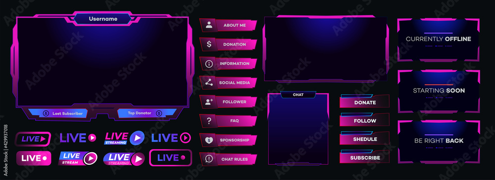 Vector streaming screen panel overlay game template neon theme. Live video, online stream futuristic technology style. Abstract digital user interface. Live streaming button. Vector 10 eps - obrazy, fototapety, plakaty 