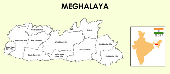 Wall Mural - Meghalaya Map. District map of Meghalaya. Meghalaya map with all district name in white colour. Meghalaya in India map in 2020