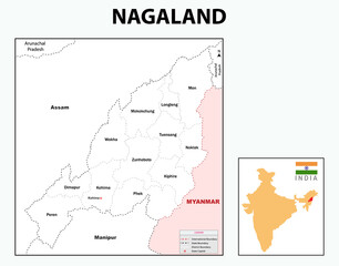  Nagaland map. Outline map of Nagaland.  Nagaland administrative and political map. Nagaland map with neighbouring countries and border in white colour.