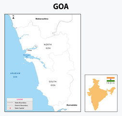  Outline map of Goa.  Goa administrative and political map. Goa map with neighbouring countries and border in white colour
