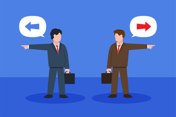 Two businessmen pointing in the opposite direction. The creative concept idea of team communication or discussion. Simple trendy cute vector illustration. Modern abstract flat style graphic design.