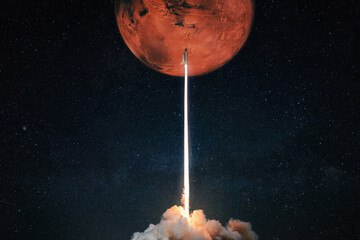 Canvas Print - Rocket with blast and smoke takes off to the red planet mars mars, concept. Spacecraft lift off to explore other planets. Rocket launch