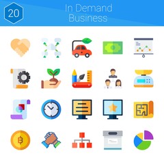 Poster - in demand business icon set. 20 flat icons on theme in demand business. collection of handshake, sprout, graphic design, scale, archive, clock, blog, network, blueprint, presentation