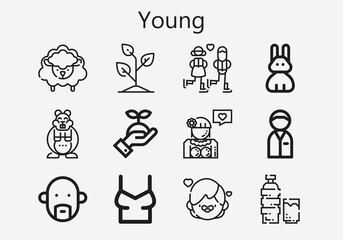 Premium set of young [S] icons. Simple young icon pack. Stroke vector illustration on a white background. Modern outline style icons collection of Shirt, Couple, Rabbit, Sheep, Policeman, Drink