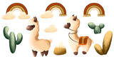 Fototapeta Pokój dzieciecy - llamas and alpacas. A set of African animals, cacti and rainbows, mountains, clouds. Children's animal illustrations