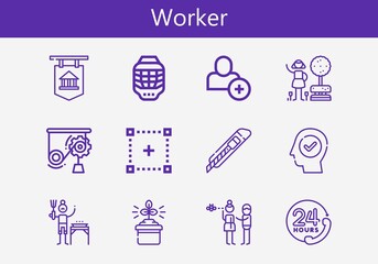 Premium set of worker line icons. Simple worker icon pack. Stroke vector illustration on a white background. Modern outline style icons collection of Add user, Garden, Bank, Helmet, Cutter