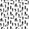 © akini - Black and white monochrome seamless pattern with silhouettes of many walking and standing people in summer clothes. On white background.