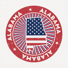 Wall Mural - Alabama round stamp. Logo of us state with flag. Vintage badge with circular text and stars, vector illustration.