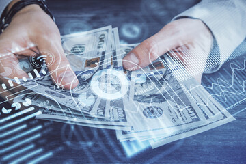 Poster - Multi exposure of Tech drawing hologram and USA dollars bills and man hands. Technology concept.