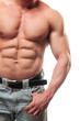 © Digihelion - Male torso in blue jeans. Portrait of strong healthy power fitness handsome athletic man with muscular trained body isolated on white background. Strength and motivation.