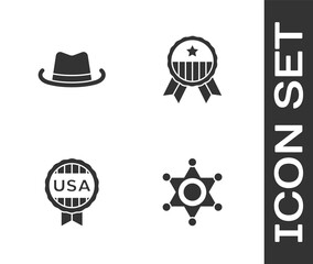 Sticker - Set Hexagram sheriff, Western cowboy hat, Medal with star and icon. Vector