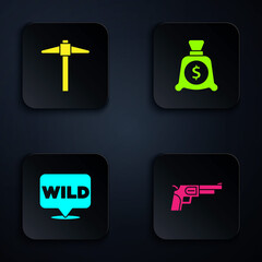 Poster - Set Revolver gun, Pickaxe, Pointer to wild west and Money bag. Black square button. Vector