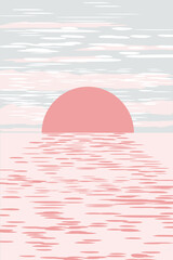 Wall Mural - Abstract minimalistic art landscape. Panorama of the red sun, dawn, sea, sunrise, clouds. National symbol. Japanese style. Vector graphics.