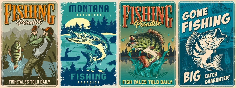 Fishing vintage colorful posters set - obrazy, fototapety, plakaty 