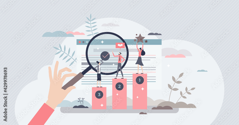 Online ranking and websites search engine top results tiny person concept. SEO for marketing optimization and internet browser positive quality assessment vector illustration. Network traffic analysis - obrazy, fototapety, plakaty 