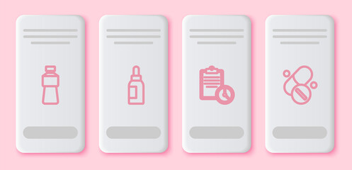 Set line Bottle of water, Essential oil bottle, Sport training program and Vitamin pill. White rectangle button. Vector