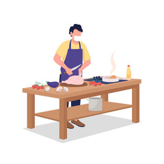 Male cook in face mask flat color vector faceless character. Man preparing food. Cooking, culinary class during epidemic isolated cartoon illustration for web graphic design and animation