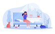 © Bro Vector - Woman waking up with splitting headache. Young female character touching head in morning, cat sitting on floor flat vector illustration. Migraine concept for banner, website design or landing web page