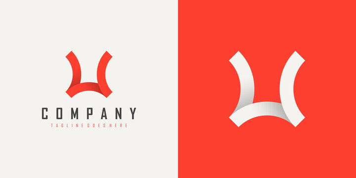 Initial Letter L and U Linked Logo. Red and White Geometric Shape Origami Style isolated on Double Background. Usable for Business and Branding Logos. Flat Vector Logo Design Template Element.