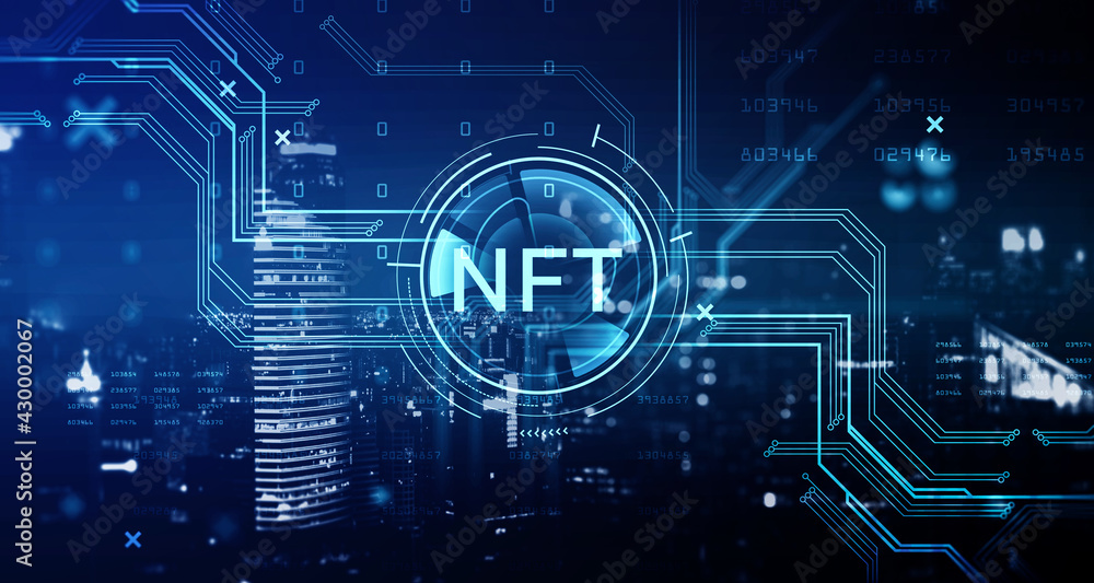 Non-fungible token hologram on virtual screen, nft with network circuit and numbers. Downtown cityscape on background. Concept of cryptoart and technology