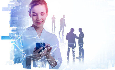 Businesswoman with phone in hands, people in international company and buildings