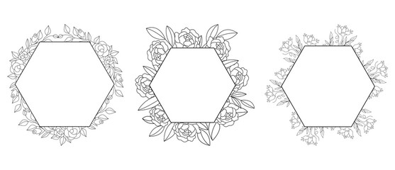 Hexagon Wreath Flower Frame Vector Set Illustration