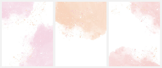 Wall Mural - Set of 3 Delicate Abstract Watercolor Style Vector Layouts. Light Pink, Light Red and Blush Paint Stains on a White Background. Pastel Color Stains and Splatter Print Set.