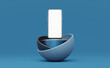 © media-ja - Blue mobile phone floating on cylinder podium with gold border in half sphere on blue background. Pedestal mockup space for luxury display. smartphone with blank white screen. 3d rendering.