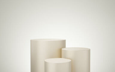 Wall Mural - 3 Empty yellow or cream cylinder podium floating on bone white copy space background. Abstract minimal studio 3d geometric shape object. Pedestal mockup space for display of product design. 3d render.