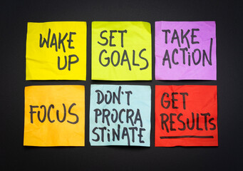 Wall Mural - wake up, set goals, take action, focus, do not procrastinate, get results - a set of motivational reminder notes, business or personal development concept