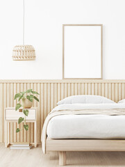 Fototapete - Vertical poster mockup with wooden frame in Japandi style bedroom interior with beige slat headboard, trailing plant and rattan lamp on empty white wall background. 3D rendering, illustration
