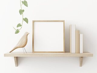 Poster - Small square wooden frame mockup in scandi style interior with trailing green plant, bird, pile of books and shelf on empty neutral white wall background. 3d rendering, illustration