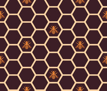 Vector Pattern With Hexagon Grid And Honey Bee. Brown Honeycomb With Golden Bees Seamless Pattern.