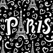 Paris seamless pattern black and white color. Eiffel tower, hearts, swirl sketch graphics illustration. Romantic france art wallpaper. Night in Paris near the monument of love. Dark doodle art