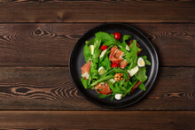 Salad, Arugula Leaves, With Parma Prosciutto, Cherry, Quail Eggs, Healthy Food, Top View, Horizontal, No People,