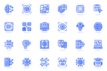 Artificial intelligence web flat line icon. Bundle outline pictogram of smart machine learning, robots, cloud computing, AI innovations concept. Vector illustration of icons pack for website design