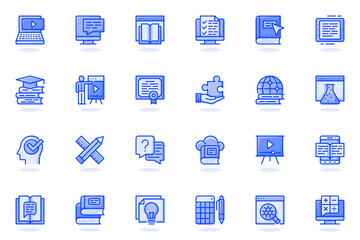Poster - Online education web flat line icon. Bundle outline pictogram of online tutorials, training courses, reading e-books, distant learning concept. Vector illustration of icons pack for website design