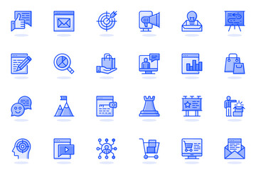 Poster - Digital marketing web flat line icon. Bundle outline pictogram of target, newsletter, attracting new customers, data analytics, business concept. Vector illustration of icons pack for website design